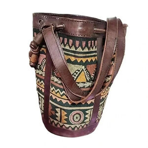 Vintage Island Imports Tribal Print Leather Bucket Bag – Rare Find